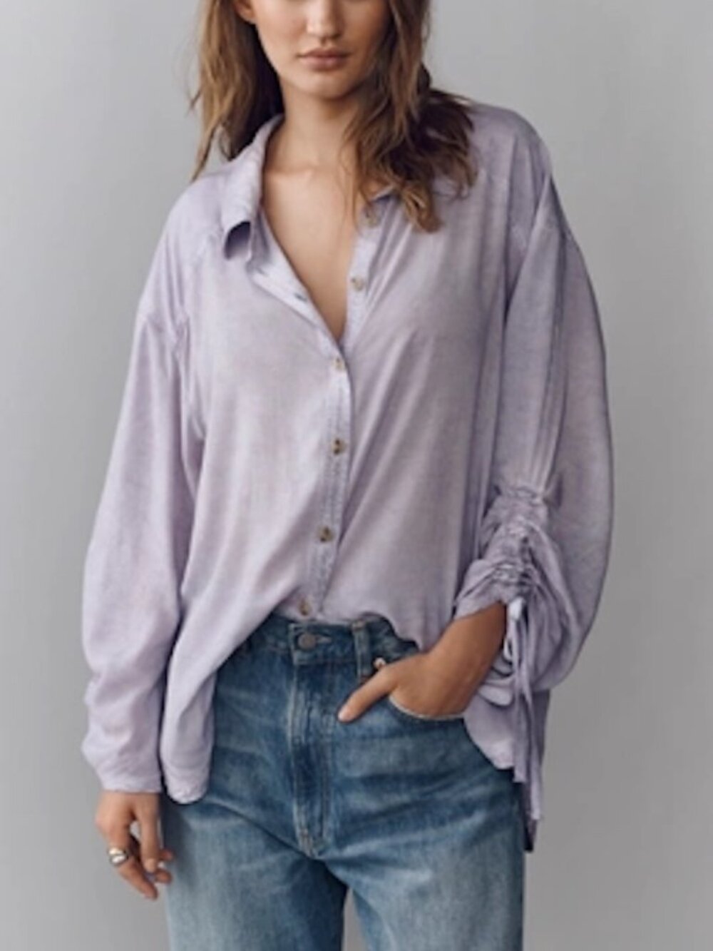 Anthropologie Pilcro Cinched-Sleeve Buttondown Top M (runs Large) $98 NWT